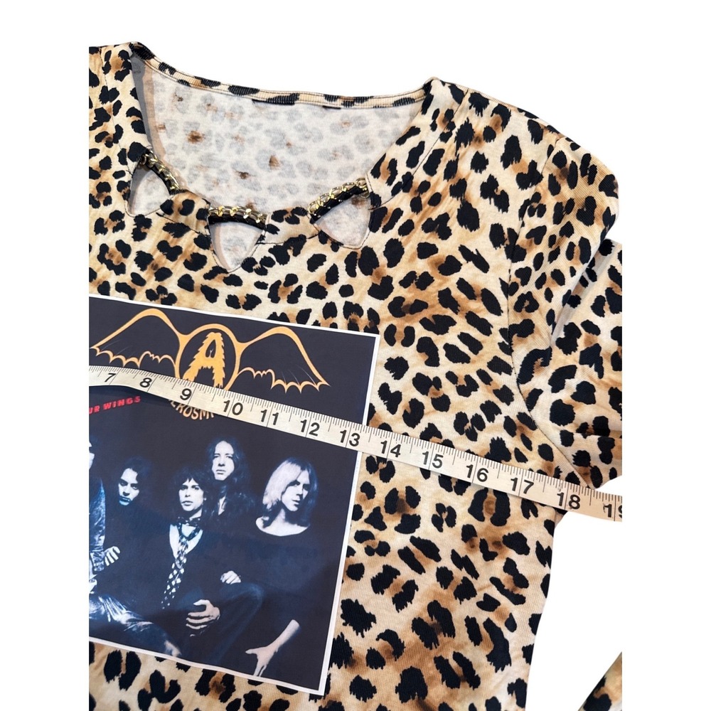 Aerosmith Classy Leopard Print Rock Band Shirt Gold Chain Collar Ladies M - Picture 4 of 6